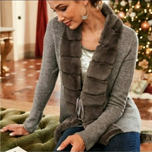 Soft Surroundings Cardigan Sweater Faux Fur Medium - Picture 1 of 6